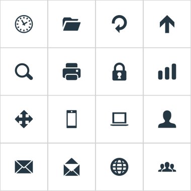 16 basit uygulama simgeler kümesi. Smartphone, oklar, çıktı ve diğer gibi öğeleri bulunabilir.