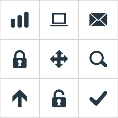 9 basit uygulama simgeler kümesi. Büyüteç, kilit, oklar ve diğer gibi öğeleri bulunabilir.