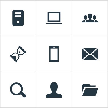 9 basit uygulama simgeler kümesi. Büyüteç, kullanıcı, not defteri ve diğer gibi öğeleri bulunabilir.