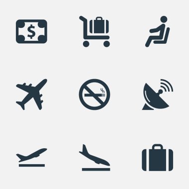 9 basit ulaşım simgeler kümesi. El çantası, para birimi, koltuk gibi öğeleri bulunabilir.