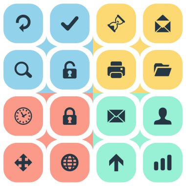 16 basit Apps simgeler kümesi. Büyüteç, zarf, ileti ve diğer gibi öğeleri bulunabilir.