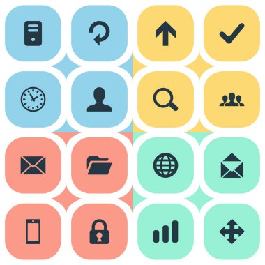 16 basit Apps simgeler kümesi. Oklar, bilgisayar Kasası, ileti ve diğer gibi öğeleri bulunabilir.