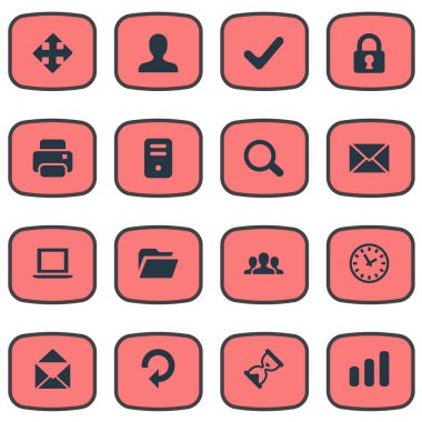 16 basit uygulama simgeler kümesi. İzle, yenileme, istatistik ve diğer gibi öğeleri bulunabilir.