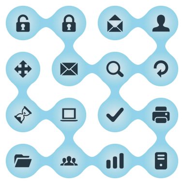 16 basit uygulama simgeler kümesi. Açık asma kilit, bilgisayar kasası ve diğer onay, gibi öğeleri bulunabilir.