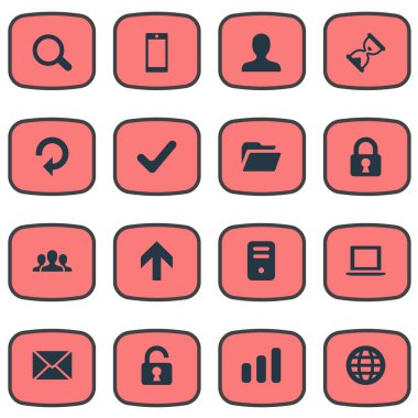 16 basit uygulama simgeler kümesi. Büyüteç'i, Web, toplum ve diğer gibi öğeleri bulunabilir.