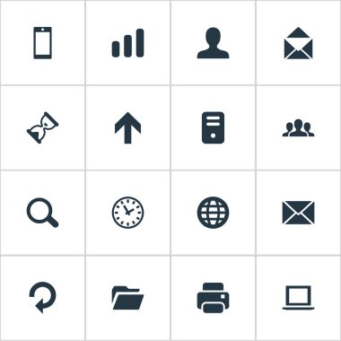 16 basit uygulama simgeler kümesi. İzle, Büyüteç, toplum ve diğer gibi öğeleri bulunabilir.