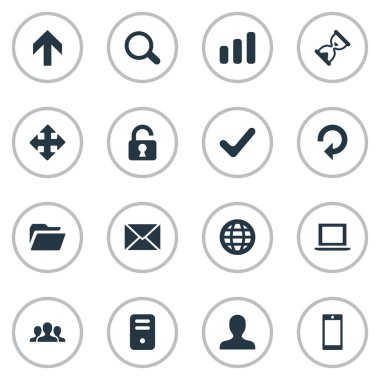 16 basit uygulama simgeler kümesi. Açık asma kilit, oklar ve diğer Smartphone, gibi öğeleri bulunabilir.