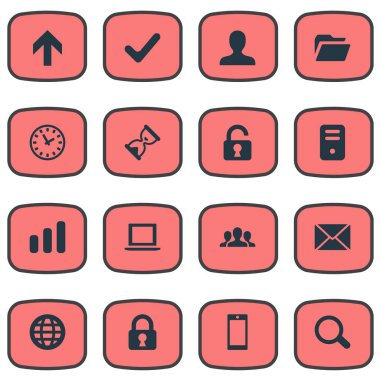 16 basit uygulama simgeler kümesi. Kum zamanlayıcı, Büyüteç, gibi öğeleri kontrol bulunabilir.