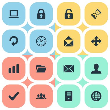 16 basit uygulama simgeler kümesi. Dosya, açık asma kilit, kullanıcı ve diğer gibi öğeleri bulunabilir.