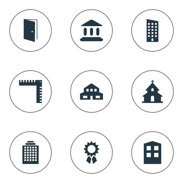 Set van 9 eenvoudige structuur iconen. Kan worden gevonden elementen zoals kantoren, Gate, constructie en andere. — Stockvector
