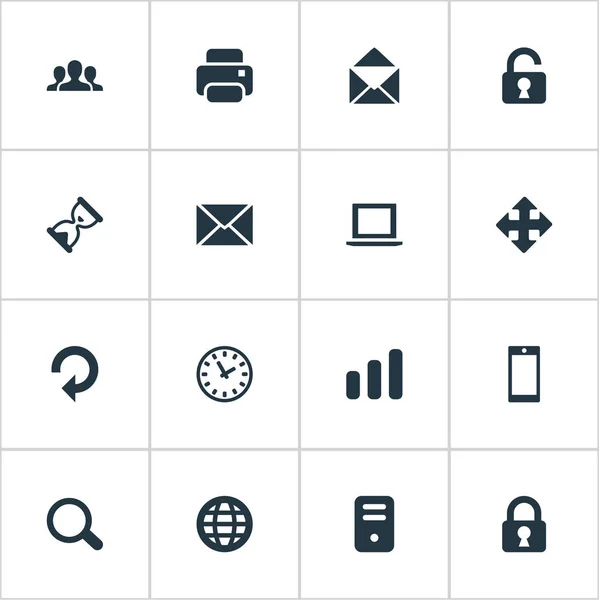 Набор из 16 простых иконок. Можно найти такие элементы, как смартфон, стрелки, статистика и другие . — стоковый вектор