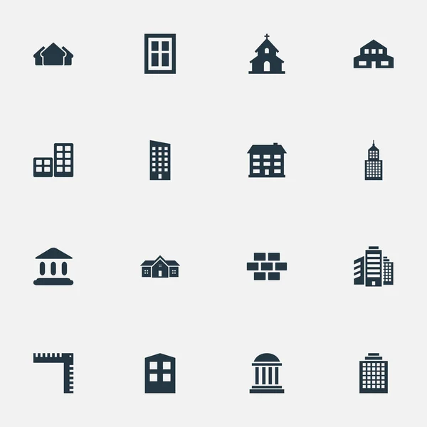 Conjunto de 16 iconos de arquitectura simple. Se pueden encontrar elementos tales como cabina, academia, piso y otros . — Vector de stock