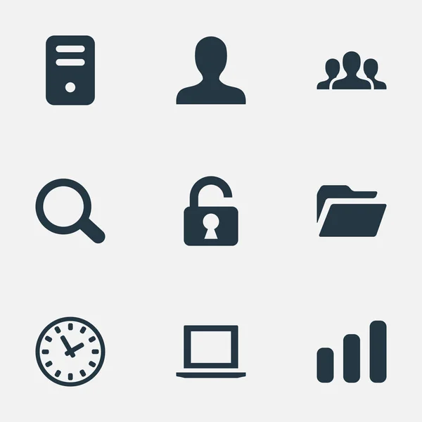 Conjunto de 9 iconos de aplicaciones simples. Se pueden encontrar elementos tales como el caso de la computadora, candado abierto, dosificador y otros . — Vector de stock