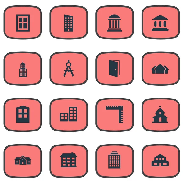 Conjunto de 16 iconos de estructura simple. Se pueden encontrar elementos tales como academia, herramienta del ingeniero, residencia y otros . — Vector de stock