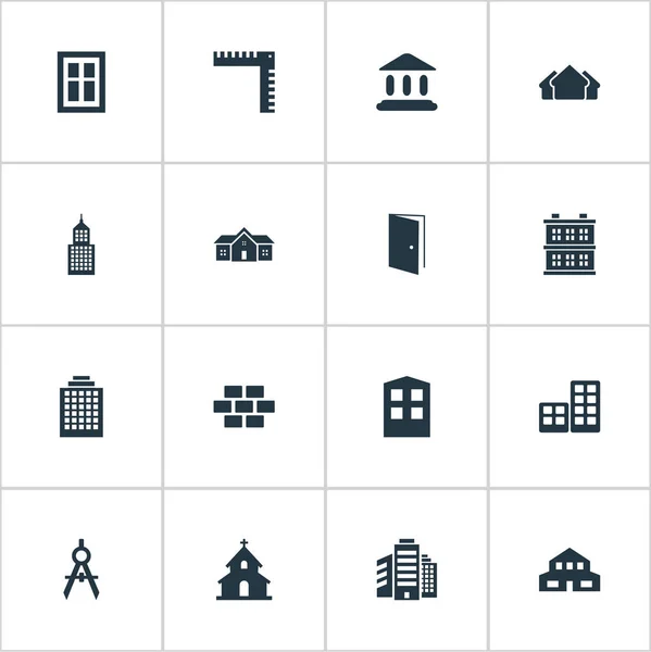 Комплект из 16 простых иконок архитектуры. Можно найти такие элементы, как ворота, жилые, плоские и другие . — стоковый вектор