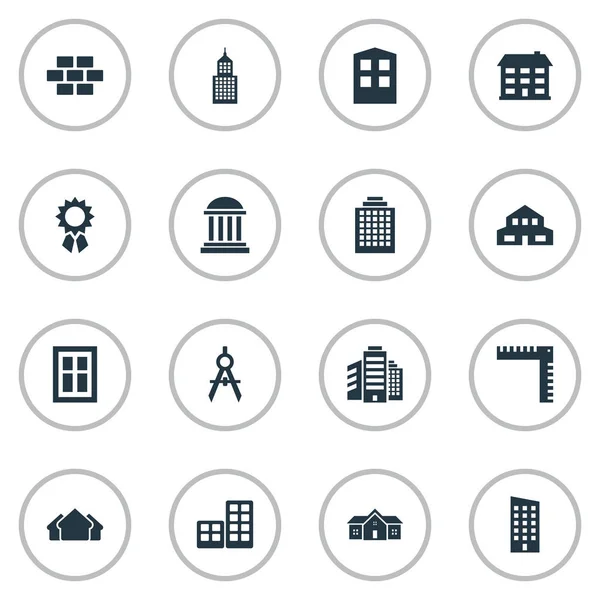 Conjunto de 16 iconos de estructura simple. Se pueden encontrar elementos tales como escuela, oficinas, piso y otros . — Archivo Imágenes Vectoriales