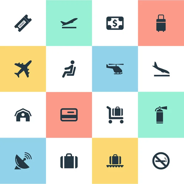 Sada 16 ikon jednoduché přepravy. Lze nalézt takové prvky jako anténa, zavazadla kolotoč, sedadla a další. — Stockový vektor