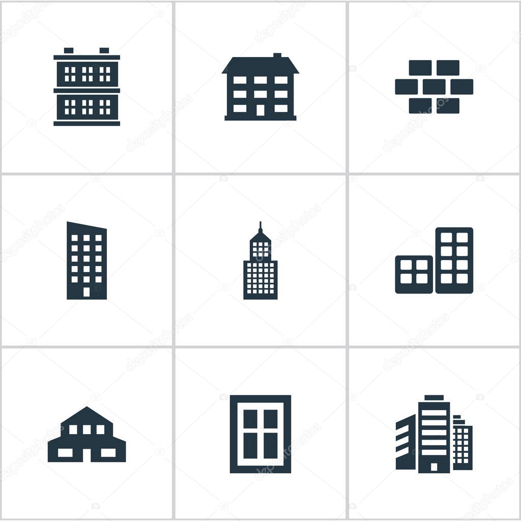 Set Of 9 Simple Structure Icons. Can Be Found Such Elements As Stone, Residential, Glazing And Other.