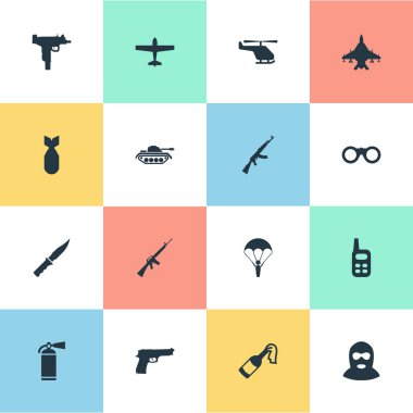 16 basit askeri simgeler kümesi. Soğuk silah, Kalaşnikof, yangın söndürücü ve diğer gibi öğeleri bulunabilir.