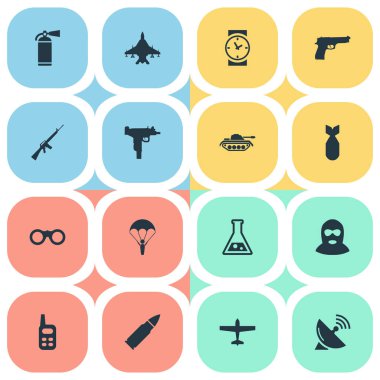 16 basit savaş simgeler kümesi. Telsizler, izle, tüfeği silah ve diğer gibi öğeleri bulunabilir.