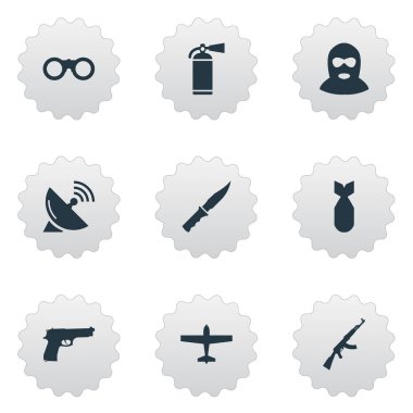 9 basit askeri simgeler kümesi. Kalaşnikof, Nuke, hava bombardıman ve diğer gibi öğeleri bulunabilir.