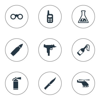 9 basit ordu simgeler kümesi. Alan gözlük, helikopter, Molotof ve diğer gibi öğeleri bulunabilir.