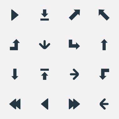 16 basit işaretçisini simgeler kümesi. Doğru yönde, aşağıya doğru işaret, aşağıya doğru işaret ve diğer gibi öğeleri bulunabilir.