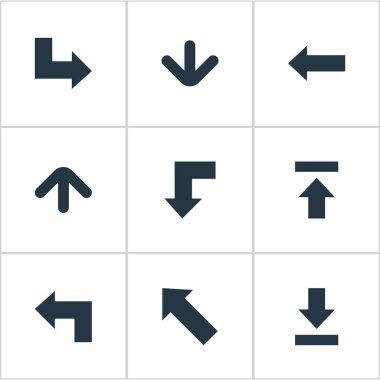 9 basit imleç simgeler kümesi. Azaltma, Transfer, aşağıya doğru işaret ve diğer gibi öğeleri bulunabilir.