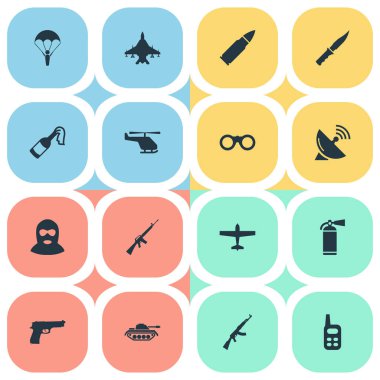 16 basit savaş simgeler kümesi. Helikopter, Kalaşnikof, sinyal alıcı ve diğer gibi öğeleri bulunabilir.