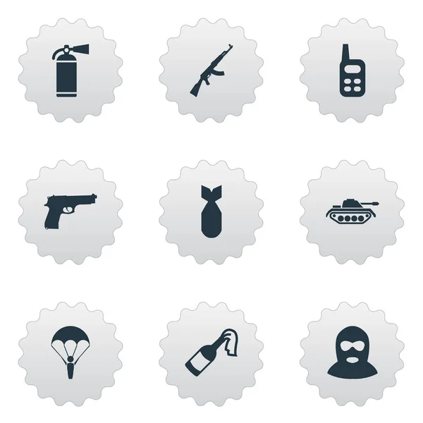 Set Of 9 Simple Army Icons. Can Be Found Such Elements As Heavy Weapon, Nuke, Kalashnikov And Other. — Stock Vector