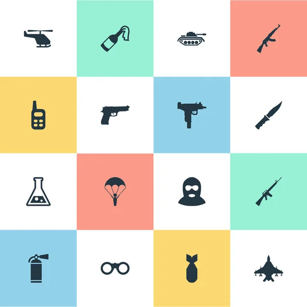 Set van 16 eenvoudige militaire iconen. Kan dan worden gevonden met elementen zoals de Kalashnikov, helikopter, geweer Gun en andere. — Stockvector