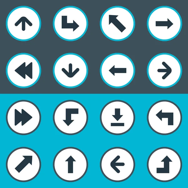 Conjunto de 16 iconos de puntero simple. Se pueden encontrar elementos tales como dirección ascendente, dirección derecha, dirección izquierda y otros . — Vector de stock