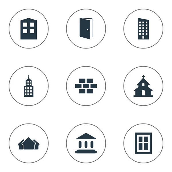 Set van 9 eenvoudige architectuur iconen. Dergelijke elementen zoals Paapse, onderdak, vloer en andere kunnen worden gevonden. — Stockvector