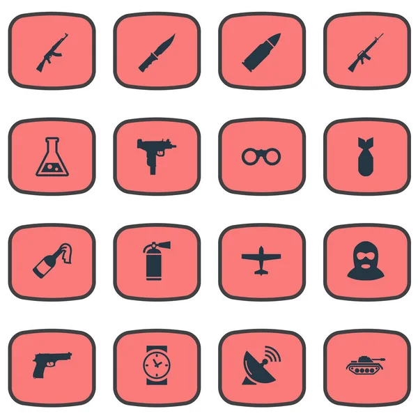 Set von 16 einfachen Armee-Symbolen. finden sich Elemente wie Chemie, Kalaschnikow, Pistole und andere. — Stockvektor