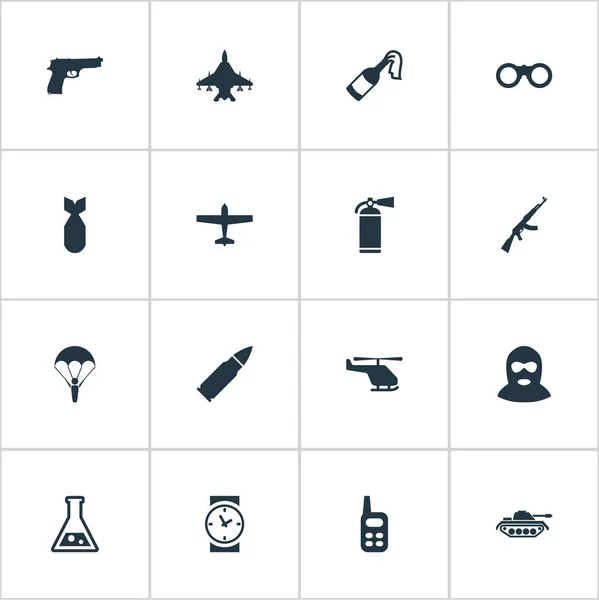 Set von 16 einfachen militärischen Symbolen. finden sich Elemente wie Armbanduhr, Walkies, Fliegerbombe und andere. — Stockvektor