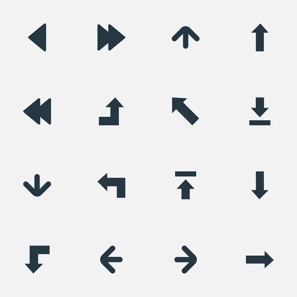 Conjunto de 16 iconos de puntero simple. Se pueden encontrar elementos tales como apuntando hacia abajo, avanzado, dirección correcta y otros . — Vector de stock