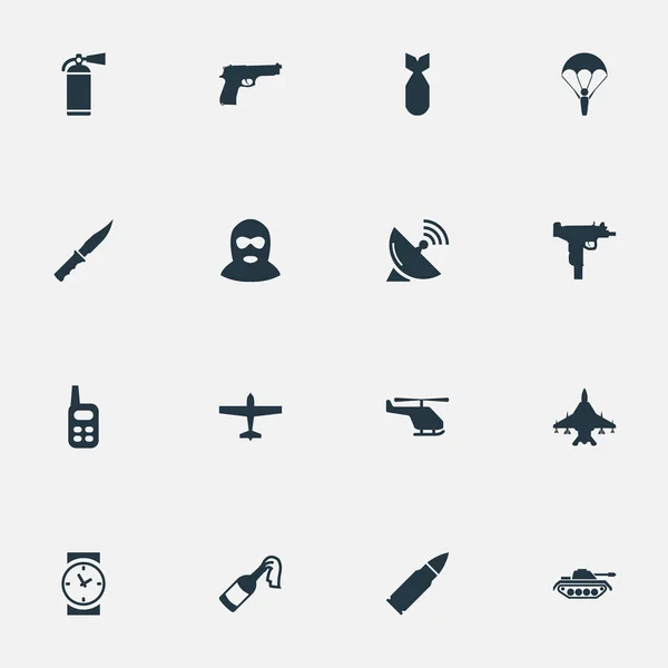 Conjunto de 16 simples iconos militares. Se pueden encontrar elementos tales como terrorista, reloj, receptor de señal y otros . — Vector de stock