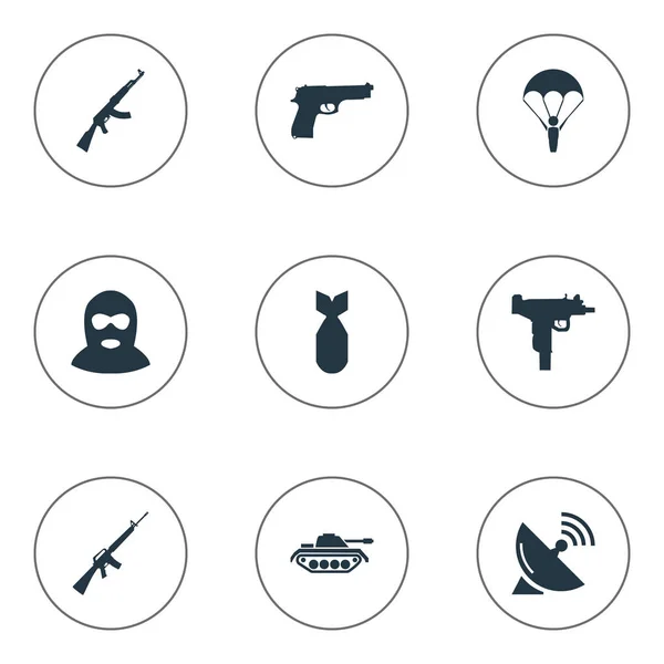 Ensemble de 9 simples icônes de l'armée. Peut être trouvé des éléments tels que fusil, récepteur de signal, nucléaire et autres . — Image vectorielle