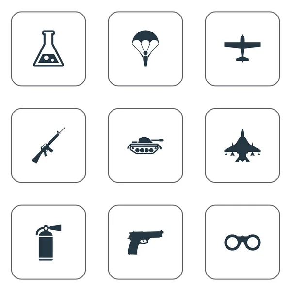 Set von 9 einfachen militärischen Symbolen. finden sich Elemente wie Pistole, Himmelskraft, Gewehr und andere. — Stockvektor