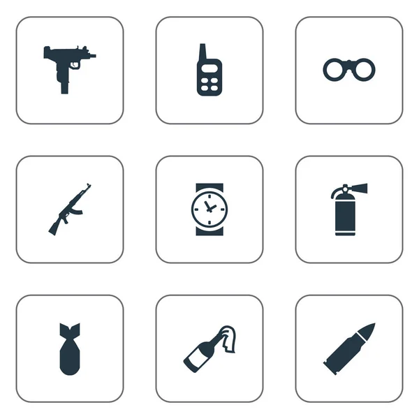 Set van 9 eenvoudige oorlog iconen. Elementen zoals Molotov, Kalashnikov, munitie en andere vindt. — Stockvector