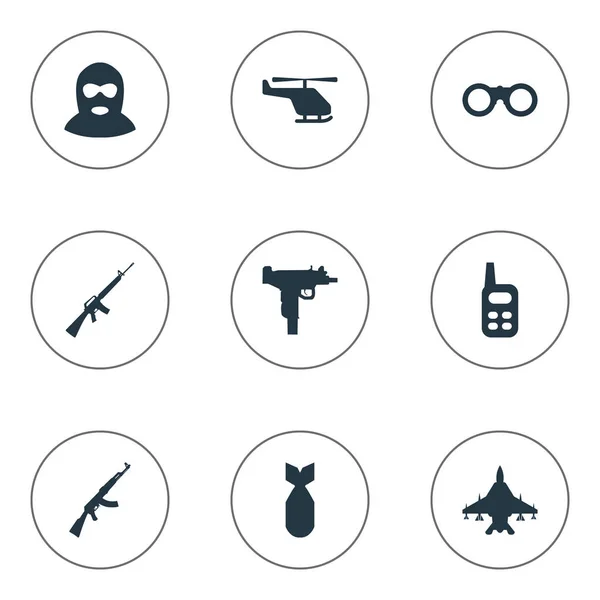 Uppsättning av 9 enkla Terror ikoner. Finns sådana element som gevär pistol, Terrorist, Walkies och andra. — Stock vektor