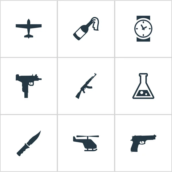 Set Of 9 Simple Battle Icons. Можно найти такие элементы, как пистолет, огнестрельное оружие, холодное оружие и другие . — стоковый вектор