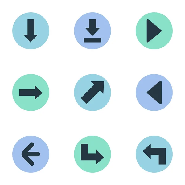 Conjunto de 9 iconos de puntero simple. Se pueden encontrar elementos tales como apuntar hacia abajo, punto de referencia derecho, dirección izquierda . — Vector de stock