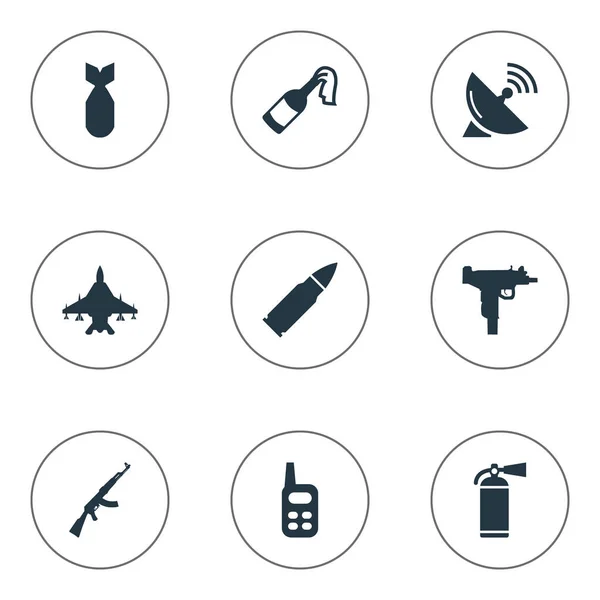 Set van 9 eenvoudige militaire iconen. Elementen zoals Nuke, Sky Force, brandblusser en andere vindt. — Stockvector