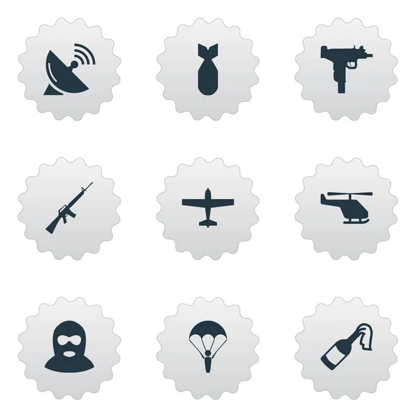 Uppsättning av 9 enkla krig ikoner. Finns sådana element som Molotov, Terrorist, helikopter och andra. — Stock vektor