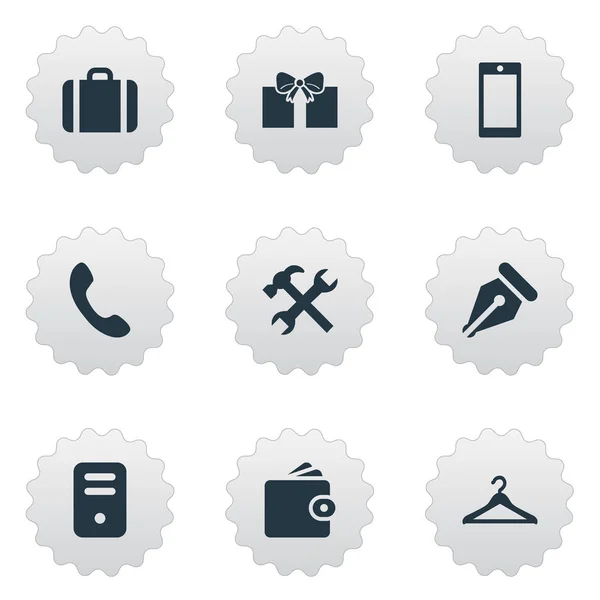 Set de 9 iconos de accesorios simples. Se pueden encontrar elementos tales como percha, botón de llamada, unidad del sistema y otros . — Vector de stock
