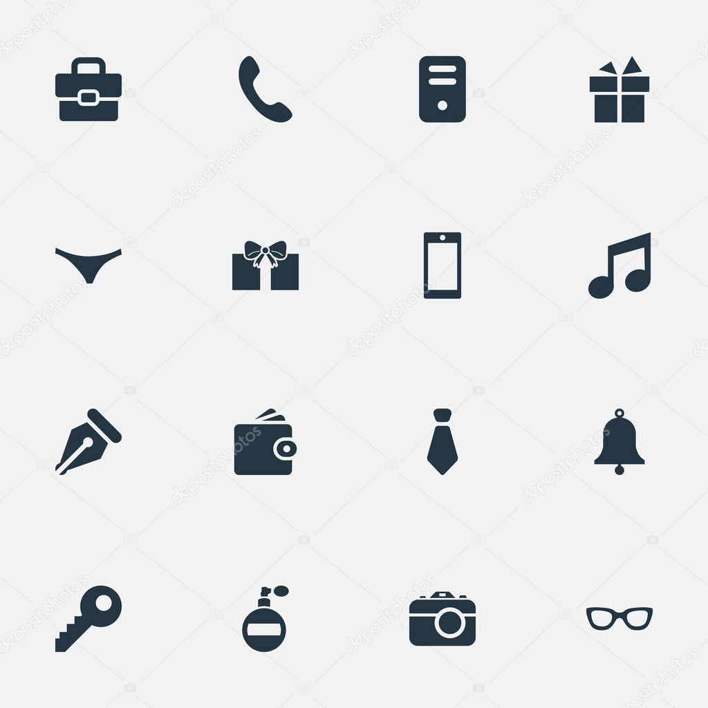 Set Of 16 Simple Instrument Icons. Can Be Found Such Elements As Billfold, Fragrance, Ring And Other.