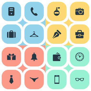 16 basit aksesuarları simgeler kümesi. Zaman, koku, iç çamaşırı ve diğer gibi öğeleri bulunabilir.