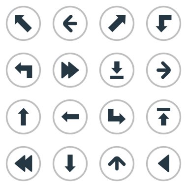 16 basit işaretçisini simgeler kümesi. Yukarı yön, işaretçi, doğru yönde ve diğer gibi öğeleri bulunabilir.