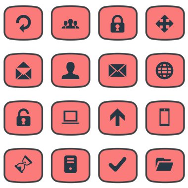 16 basit Apps simgeler kümesi. Dosya, yukarı doğru yönü, defter ve diğer gibi öğeleri bulunabilir.